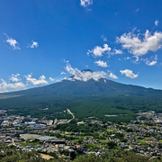 The view of Mt. Fuji against a bright sky from Tenjoyama Park outside Tokyo, Japan