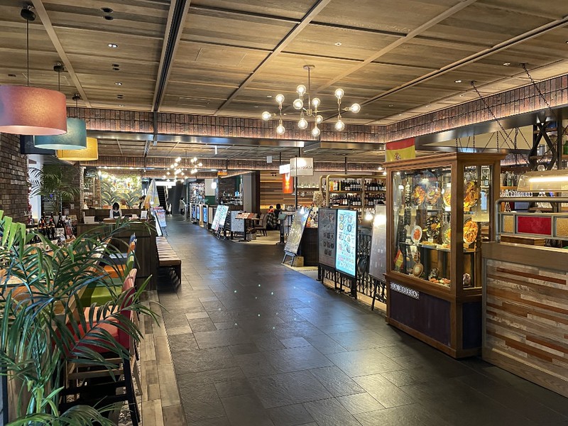 A walkway with different restaurant and seating areas in the 10th floor food court of the Tokyu Plaza shopping and dining complex in Tokyo, Japan