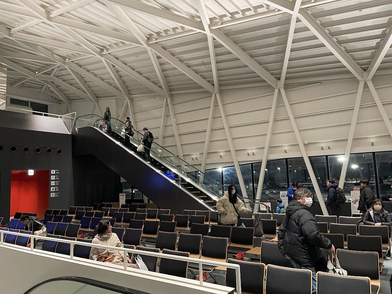 People beginning to ascend the escalator to the ship’s boarding bridge in the Tokyo Kyushu ferry terminal