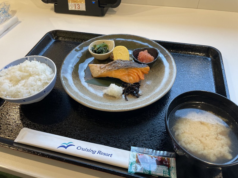 A tray with a traditional Japanese breakfast in the restaurant on board the Ferry Soleil, Japan