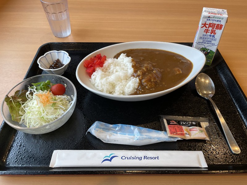 A tray with a bowl of Japanese-style curry and rice with other items for lunch in the restaurant on board the Ferry Soleil, Japan