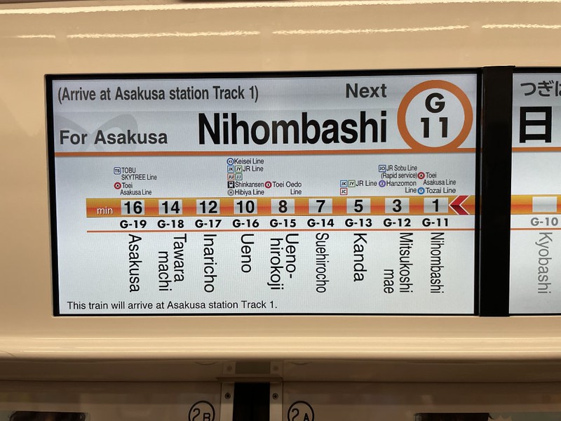 Sign on a Tokyo metro train showing stops on the route and the name of the next station, with other pieces of useful information for English-speaking passengers