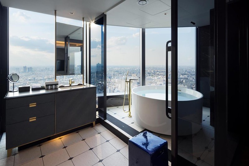 Circular bathtub in the bathroom with sky-high views over Tokyo from the Bellustar Tokyo hotel