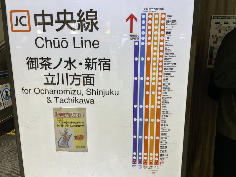 Illuminated and colour-coded line map for the Chuo train routes in Tokyo, showing which trains stop at which stations