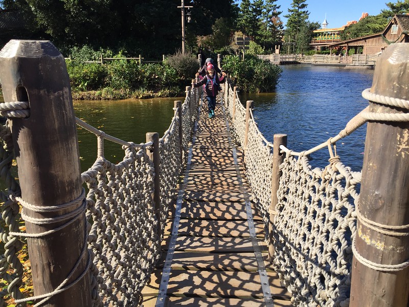 Crossing the rope bridge on Tom Sawyer Island Crossing the rope bridge on Tom Sawyer Island