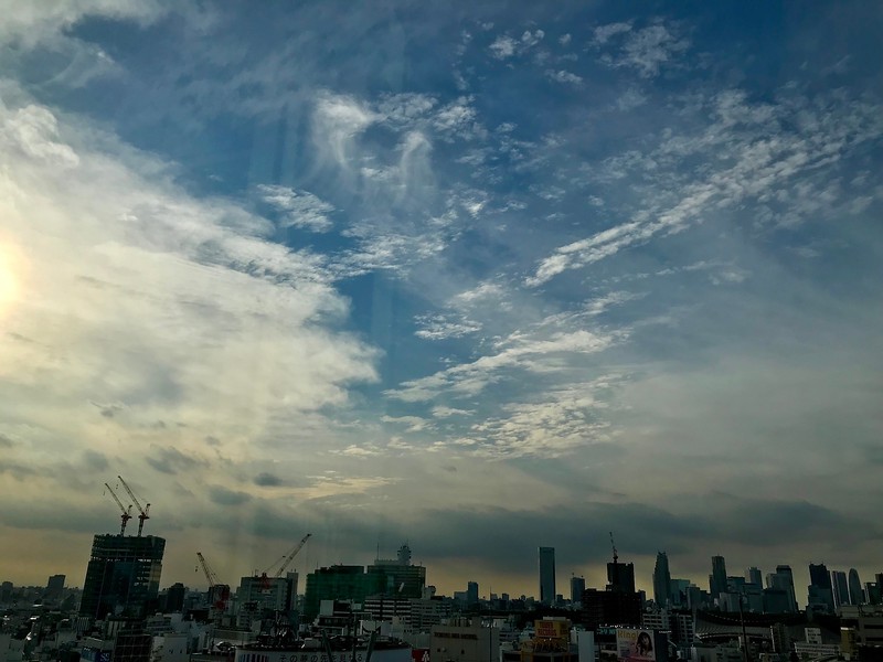 View of the sky above Tokyo from the 16th floor sky lobby in the Shibuya Hikarie department store
