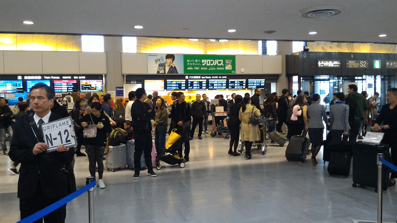 Entering the arrivals hall from customs