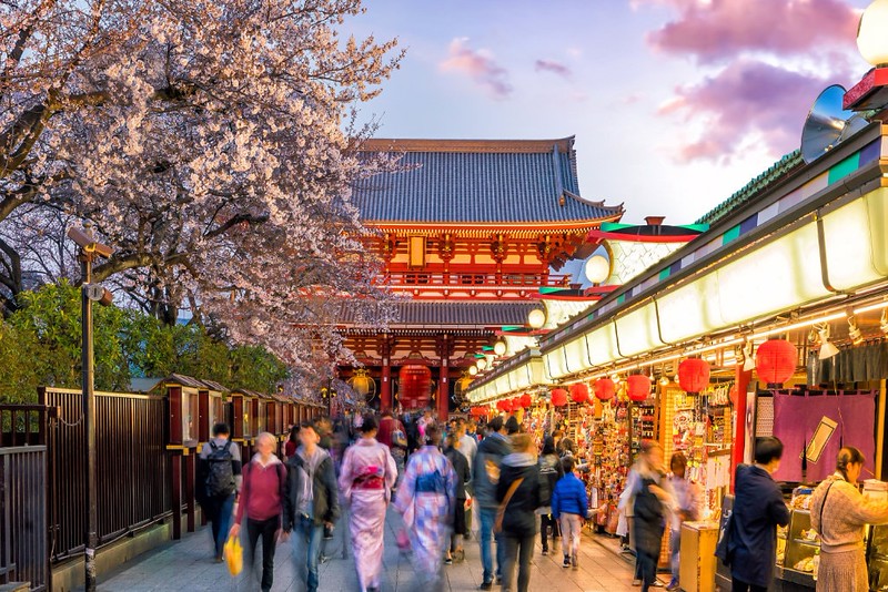 Tourists at shopping street in Asakusa connect to Sensoji Temple with sakura trees in spring, Tokyo, Japan