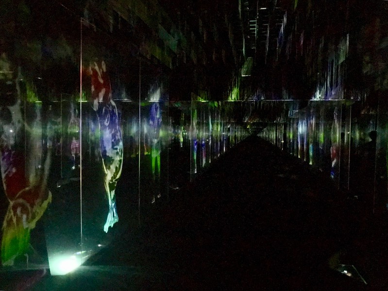 Sheets of glass hang from the ceiling in this room.