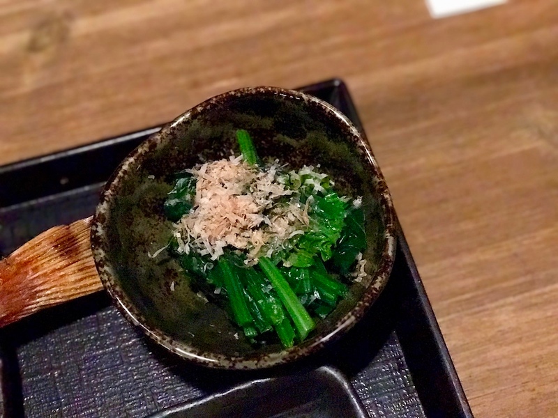 Blanched spinach with a little katsuobushi (dried bonito flakes) on top.