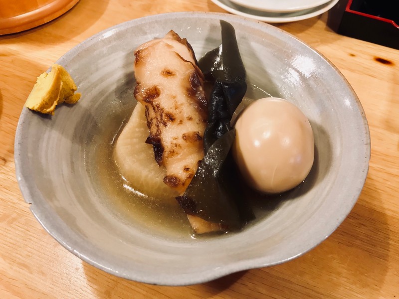 Oden - a hard-boiled egg, kelp, daikon, and chikuwa (fishcake).