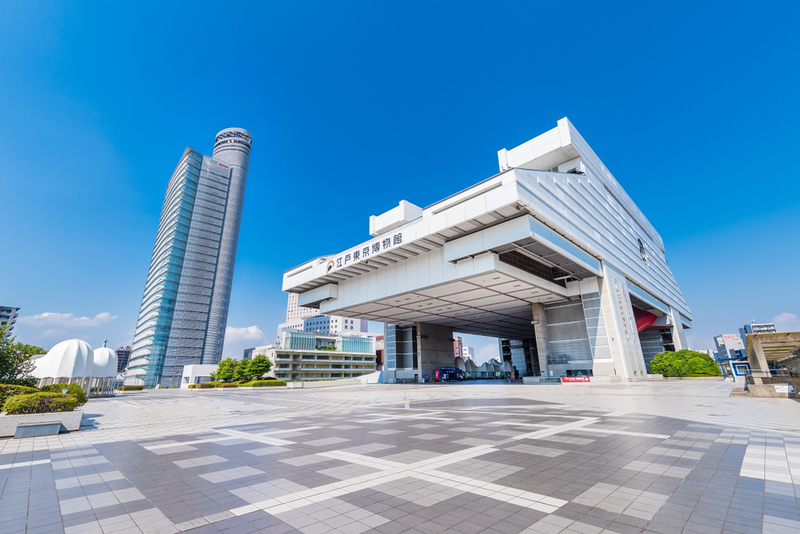 The distinctive raised building of the Edo-Tokyo Museum in Tokyo, Japan, seen from the wide tiled square