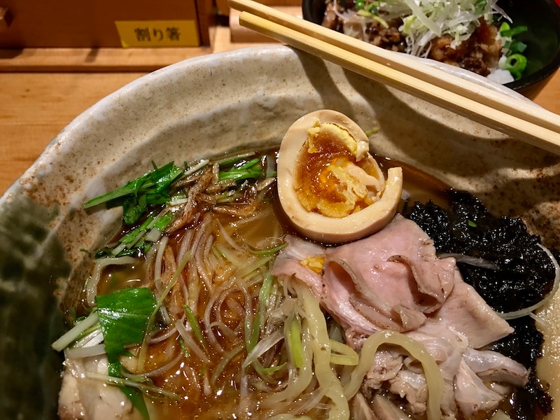 A close-up shot of the marinated egg - just a shade overdone.