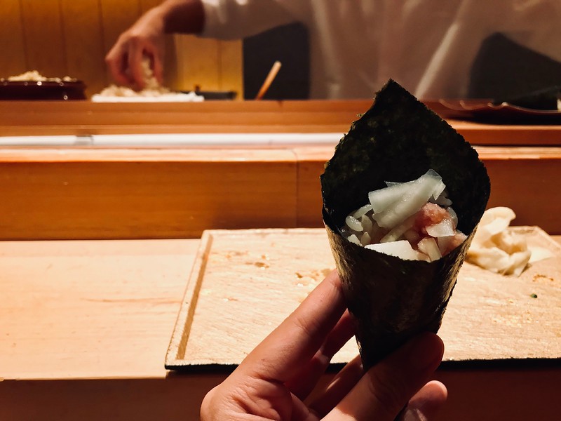 Onion and toro hand roll. Onion and toro hand roll.