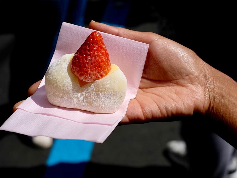 Custard-filled strawberry mochi.