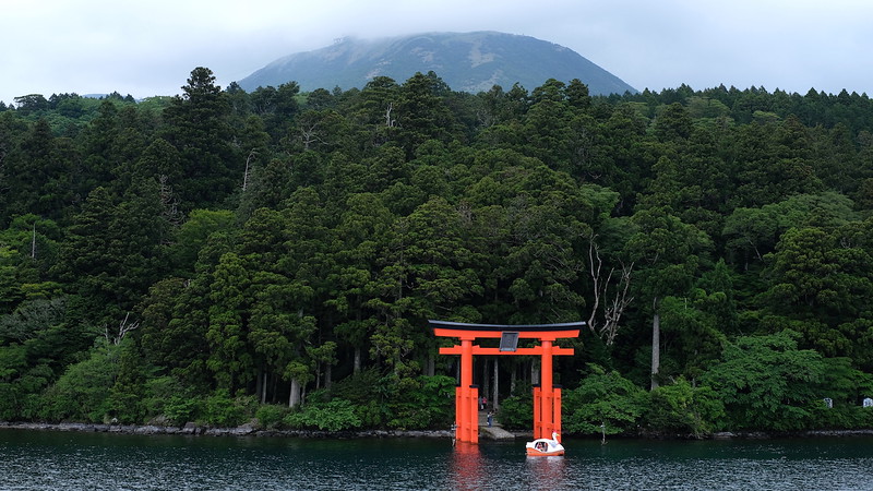The Peace Shrine Gate viewed from the pirate ship crossing Lake Ashinoko.