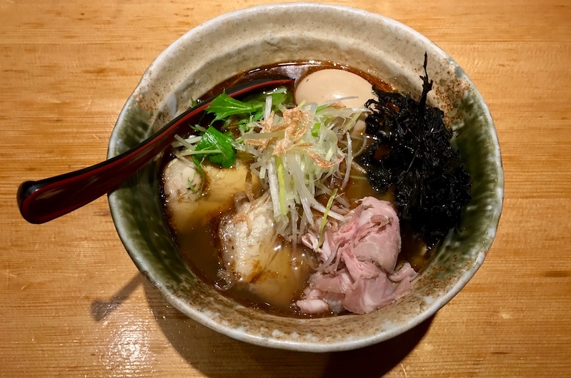 The “special” grilled flying fish ramen with egg, seaweed, and two types of chashu at Takahashi.