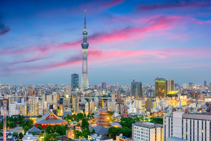Evening view of the illuminated Tokyo skyline beneath purple clouds with the Tokyo Skytree tower standing tall