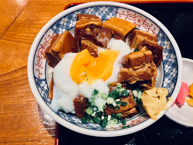 角煮丼 Kakuni-don - braised pork belly rice bowl with an egg, and a smear of Japanese mustard. 角煮丼 Kakuni-don - braised pork belly rice bowl with an egg, and a smear of Japanese mustard.