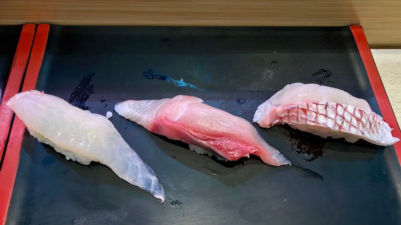 3 kinds of whitefish - flounder (hirame), amberjack (kanpachi), sea bream (tai, or madai)