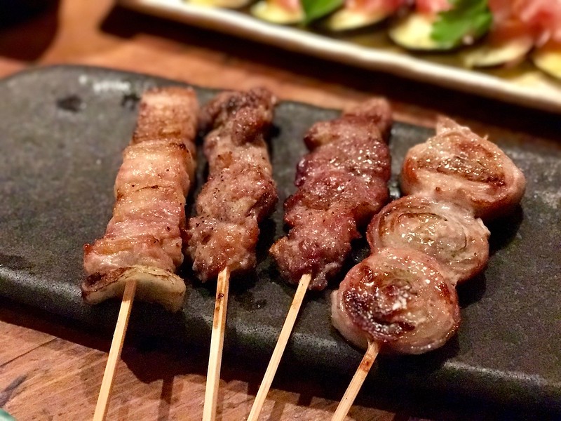 pork belly, hanasaki nankotsu, Iberico pork, and shisomaki. pork belly, hanasaki nankotsu, Iberico pork, and shisomaki.