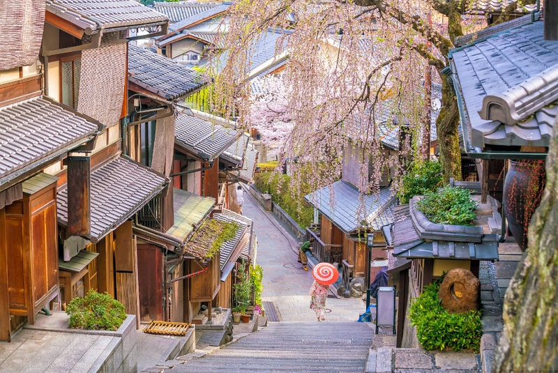 A geisha with a swirly red umbrella walks through a traditional street in Kyoto during cherry blossom season A geisha with a swirly red umbrella walks through a traditional street in Kyoto during cherry blossom season