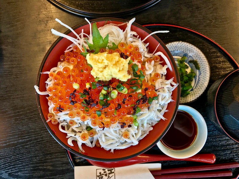 Salmon roe and whitebait on rice.