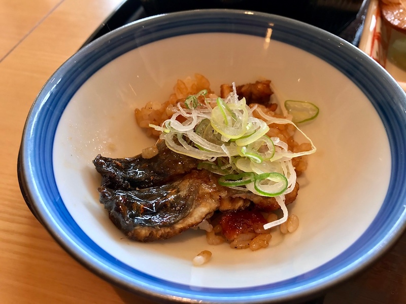 Eel and rice with negi on top.