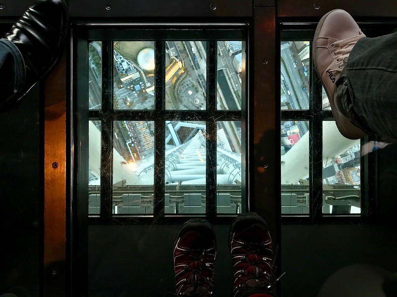 Looking down through the glass platform.