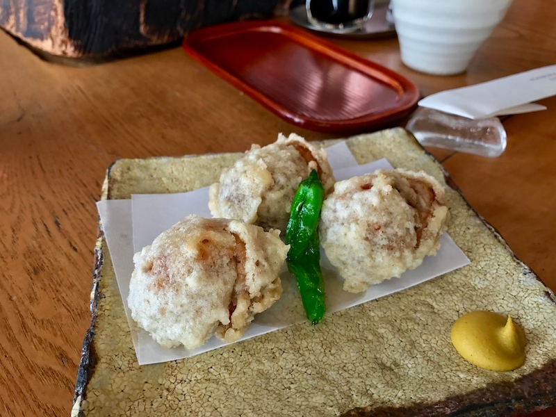 Tori dango with Japanese mustard for dipping.