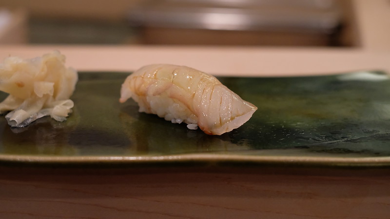 Flounder, brushed with nikiri soy sauce, the shari still warm.