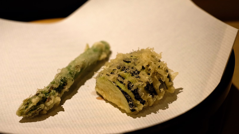 Asparagus and aubergine tempura.