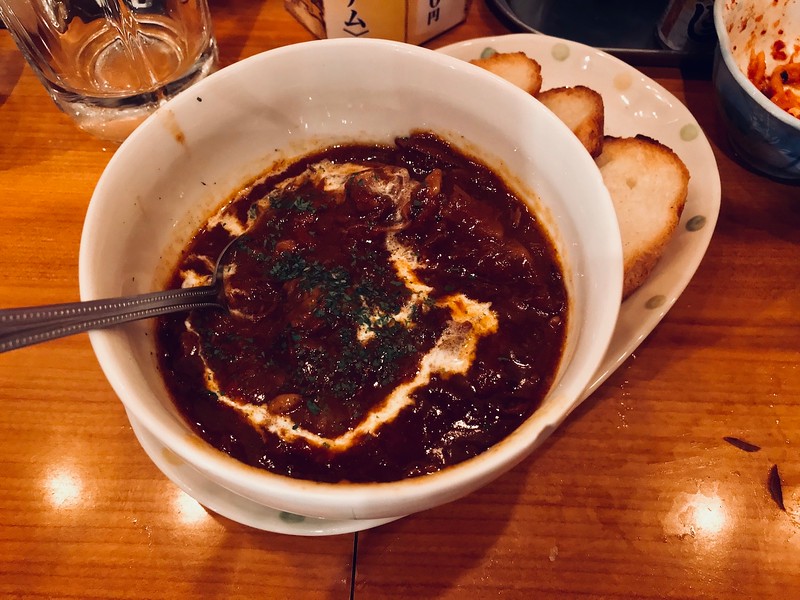 Beef stew with baguette. Beef stew is an extremely un-photogenic dish.