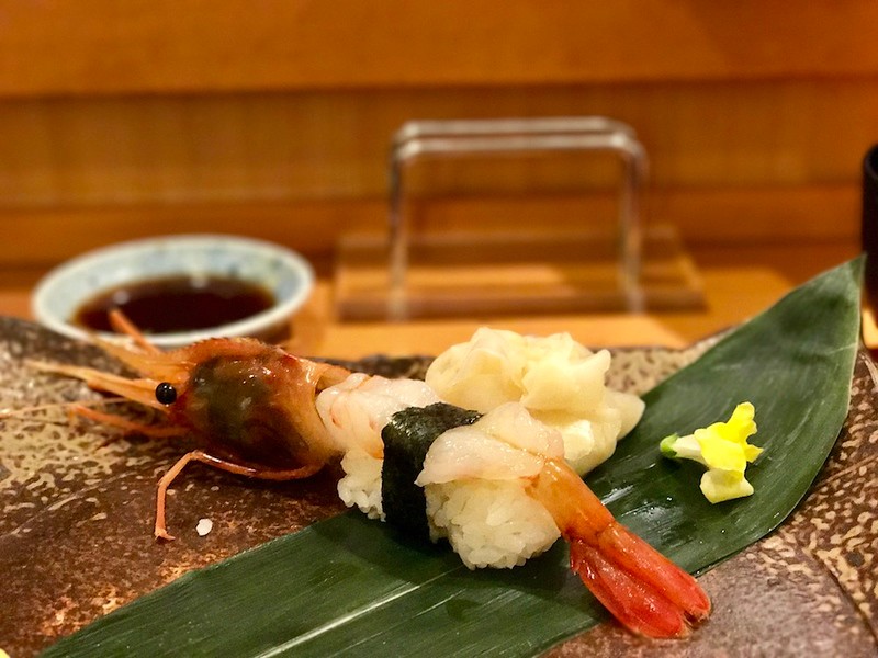 Saving the best for last - a large spot prawn nigirizushi (hand-pressed sushi). Saving the best for last - a large spot prawn nigirizushi (hand-pressed sushi).