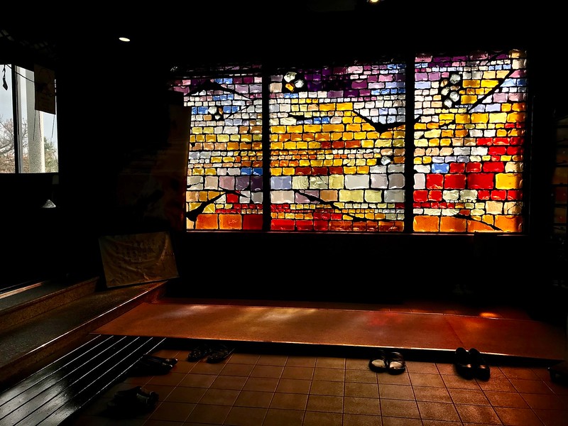 A wall of stained glass.