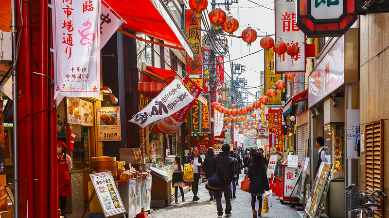 Colourful lanterns line the streets at Yokohama Chinatown. Editorial credit: cowardlion / Shutterstock.com