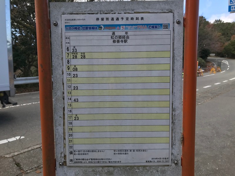 The timetable for buses returning to Shuzenji Onsen from the Rest House.