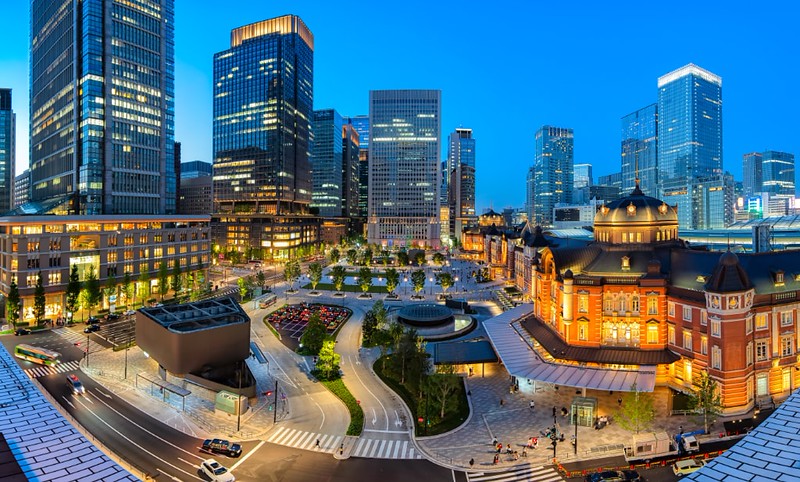 Aerial view of streets and buildings around Tokyo Station at twilight Aerial view of streets and buildings around Tokyo Station at twilight