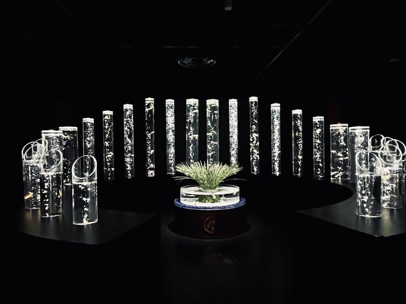 Columns of tall, spherical glass fishtanks in the Art Aquarium in Mitsukoshi Ginza, Tokyo