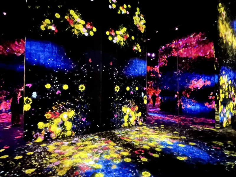 Inside “Multi-coloured projections in the teamLab Borderless room entitled Flowers and People, Cannot be Controlled but Live Together – A Whole Year per Hour