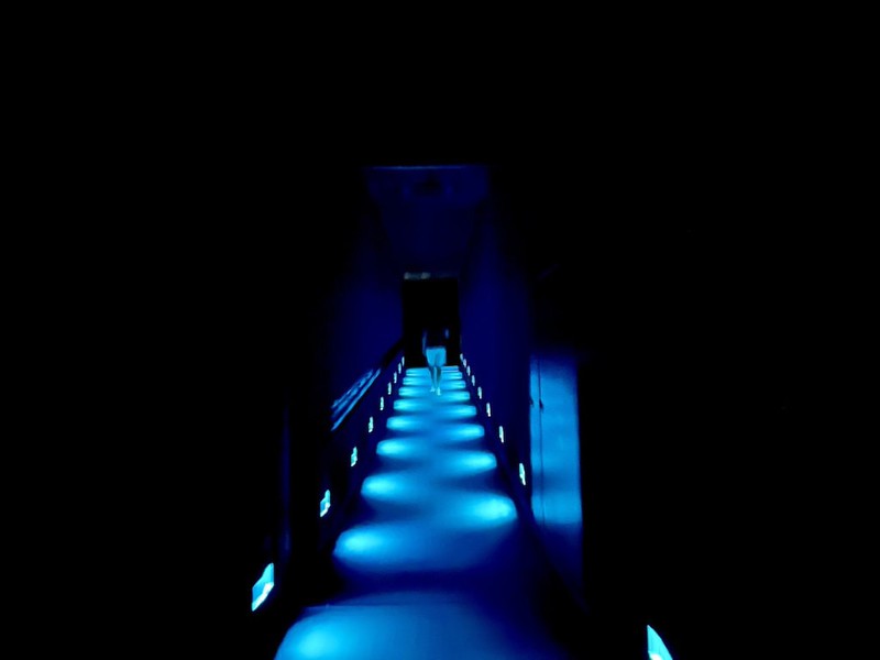 A person walks away through a corridor between exhibits in the teamLab Planets show in Tokyo, Japan, with low, floor-level blue lighting