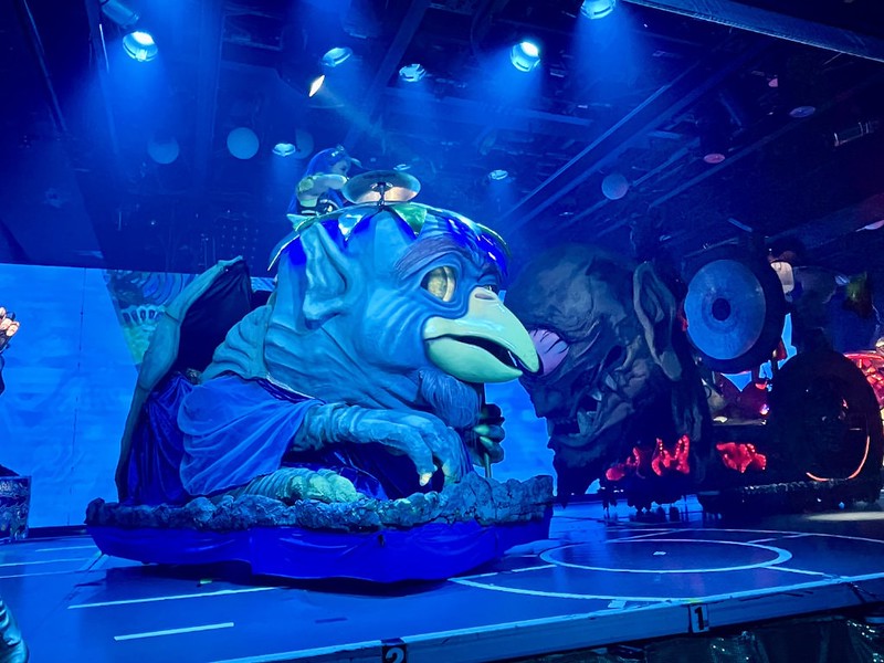 A float of a birdlike demon with a drummer on top at Samurai Restaurant Time