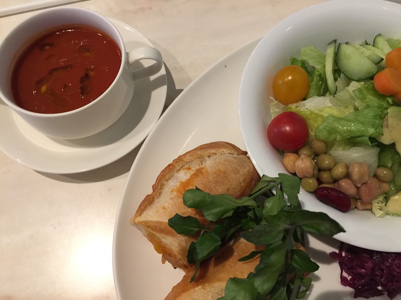 Vegetarian baguette sandwich, salad, and soup Vegetarian baguette sandwich, salad, and soup