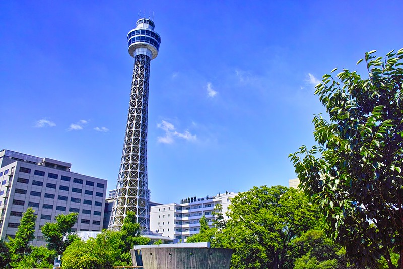 Yokohama Marine Tower seen from Yamashita Park in summer